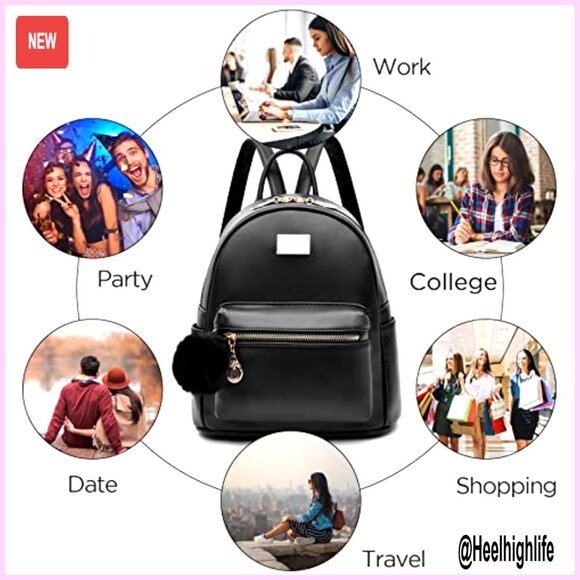 Leather Mini Backpack Purse with Pompom, 3 Zipper Pockets, Travel Daypack main image 4